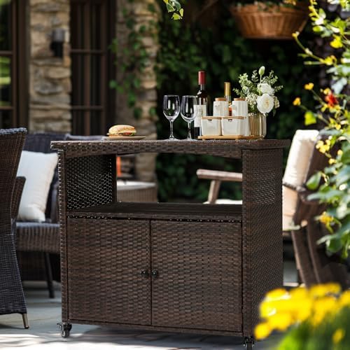VINGLI Wicker Outdoor Bar Cart with Storage & Rolling Wheels, Patio Bar Table w/Shelf, Outdoor Storage Cabinet Buffet Cabinet Grill Cart for BBQ Pool Patio Kitchen, Brown - Image 6