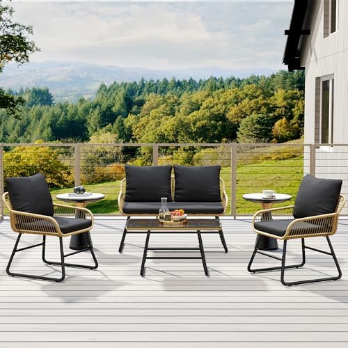 Yaheetech 4 Piece Patio Furniture Set, Outdoor Wicker Conversation Sets, Boho Loveseat & 2 Armchairs with Cushion and Pillow, Glass Top Table for Backyard, Porch, Balcony, Deck - Tan/Black - Image 2