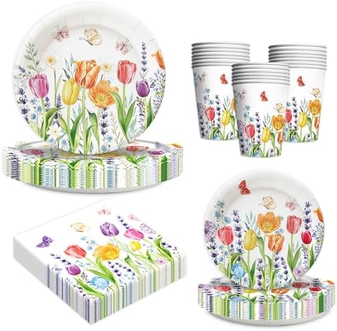 100Pcs Tulip Party Supplies Spring Floral Tableware Set 9"& 7" Tulips Floral Plates and Napkins Cups for Wedding Tea Bridal Shower Birthday Party Decorations Serves 25(Tulip) by GOGUOGOFA