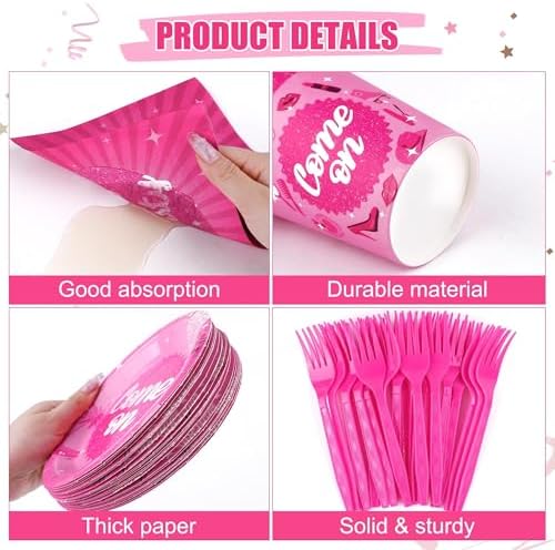 Kochorie 144 Pieces Let's Go Party Tableware Sets Including Disposable Plates Napkins Cups Forks Serves 24 for Birthday Disco Pink Girl Party Supplies - Image 3