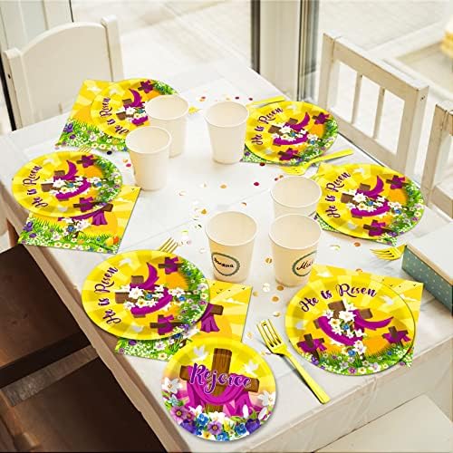 Wiooffen 96 Pcs Easter Tableware Set He is Risen Plates Happy Easter Party Plates Easter Religious Plates and Napkins Paper Plates Napkins Forks for 24 Guests - Image 7