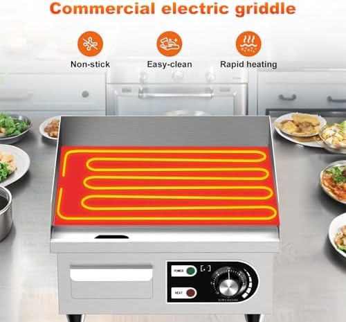 14’’ Commercial Electric Griddle - Electric Cast Iron Griddle w/Stainless Steel Material and Non-Stick, 110V Commercial Griddle w/ 1/2" Thick Iron Cooking Plate for Indoor and Restaurant - Image 7