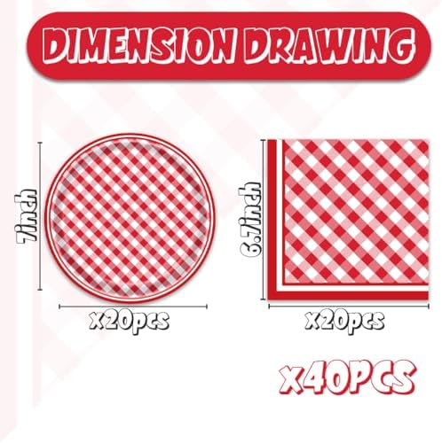 40pcs Red and White Checkered Party Supplies,include 20pcs Dessert plate and 20pcs Napkin,Party Plate Napkin Set,Used for Red Checkered Birthday Decoration - Image 2