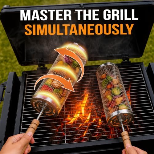 Rolling Grill Basket for BBQ, Removable Wooden Handle, Gifts for Men Dad - Image 2