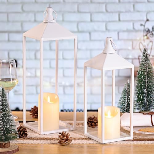 White Decorative Lantern Decor 17" 13" Set of 2 Wedding Lantern with Candle - Image 7