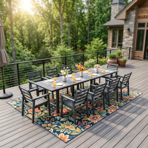 12-Piece Outdoor Dining Set, All-Weather HDPE Patio Furniture, Two 66.5" Slatted Table with 1.6" Umbrella Hole & 10 Ergonomic Armchairs, Heavy Duty 350lbs Capacity, UV Resistant, Gray - Image 6
