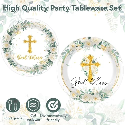 God Bless Plates and Napkins Baptism Tableware Set First Communion Party Paper Plates for Christening Newborn Dinnerware Cross White Floral Plate Mi Bautizo Baby Shower Decoration Supplies Serve 24 - Image 4