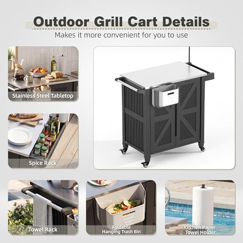 Outdoor Grill Cart with Stainless Steel Top, Outdoor Kitchen Island BBQ Prep Table, Storage Cabinet, Mobile Grill Cart with Folding Hanging Trash Bin, Wheels, Side Shelf for Patio, Garden, Picnic - Image 3