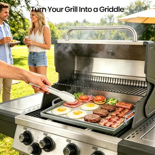 23x16 Inch Griddle for Gas Grill Reinforced Bottom Anti Warp Detachable Handle Grease Groove Stainless Steel Flat Top for Pellet Grill and Stove Outdoor Indoor Cooking - Image 2