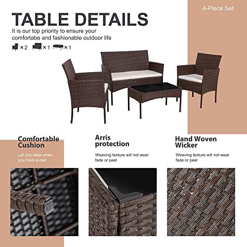 Shintenchi 4 Piece Outdoor Patio Furniture Set, Wicker Rattan Patio Conversation Set, Outdoor Chairs and Loveseat with Coffee Table for Porch, Yard & Poolside (Brown) - Image 4
