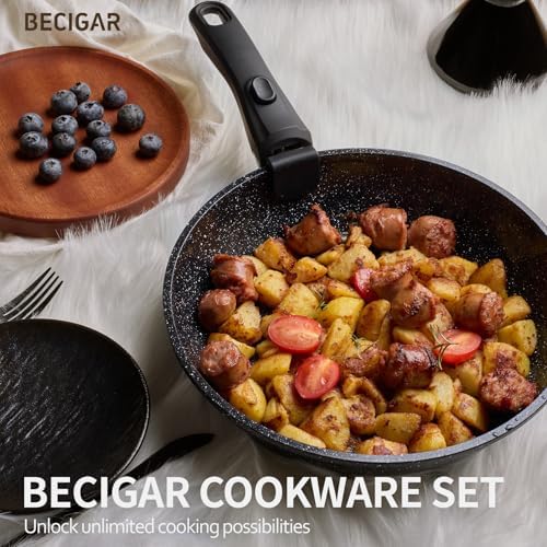 BECIGAR 24pcs Ceramic Pots and Pans Set, Nonstick Detachable Handle Cookware, Induction Kitchen Cooking Set with Removable Handle,include Frying Pans & Saucepans Oven Safe (Black) - Image 3