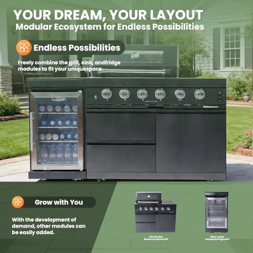 65" Rolling Outdoor Kitchen Island,Built-In 4-Burner 72,000 BTU Stainless Steel Gas Grill with Rotisserie Oven,Granite Countertops & Beverage Fridge.(Black + Fridge, Natural Gas) - Image 3
