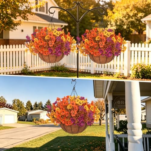 2 Set Artificial Fall Hanging Flower Baskets for Outdoor Autumn Decor - Image 3