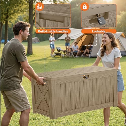 130 Gallon Deck Box Outdoor Indoor Waterproof Storage Box, Coffee - Image 2