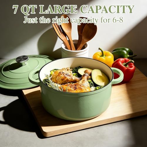 Umite Chef Enameled Cast Iron Dutch Oven-7QT Pot with Lid Cookbook & Cotton, Heavy-Duty Cookware for for Bread Baking, Braising, Stews, Marinate, Cook(Sage Green) - Image 3