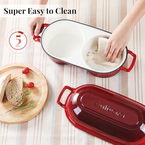Cast Iron Bread Pan with Lid, Mini Enamel Sourdough Baking Dutch Oven Pot, Double Round Loaf Space for Homemade, Bread, Cake, Meatloaf, 16.5cm Diameter, 500°F Oven Safe, Non Stick, Red - Image 6