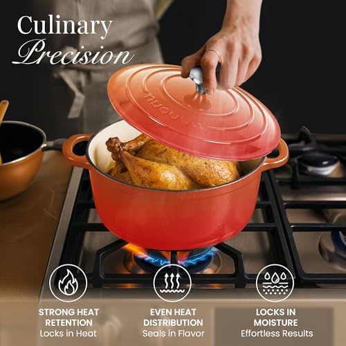 Cast Iron Pot with Lid-Non-Stick Ovenproof Enamelled Casserole Pot, Oven Safe up to 500° F-Sturdy Dutch Oven Cookware - Orange, 5-Quart, 24cm by- Nuovva - Image 6