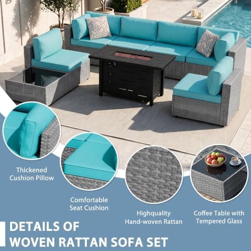 Shintenchi 8 Piece Outdoor Patio Furniture Set with 43 Inch Propane Fire Pit, Washable Cushions, Glass Coffee Table, Waterproof Cover & CSA Certified for Backyard Poolside, Silver PE Rattan/Blue - Image 4