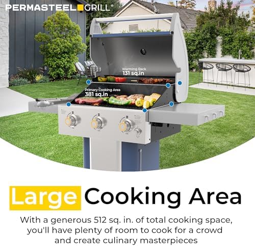 Permasteel 3-Burner Propane Gas Grill, 30,000 BTUs BBQ Grill with Cast Iron Grates, Foldable Side Tables & Tool Hooks, Outdoor Grill, Azure - Image 3