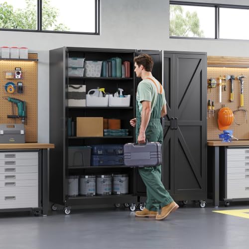 Letaya Metal Garage Storage Cabinet with Wheels,75" Black Tool Steel Locker - Image 2