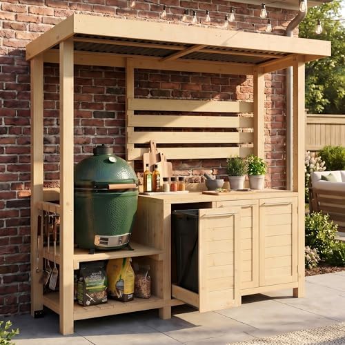 ECACAD Outdoor Kitchen Island with Canopy & Trash Can Cabinet, 6.7FT Cedar Wood Grill Bar Counter Table with Storage Cabinet & Shelves, Grill Pavilion for Patio Kitchen, Backyard, Garden, Natural by ECACAD