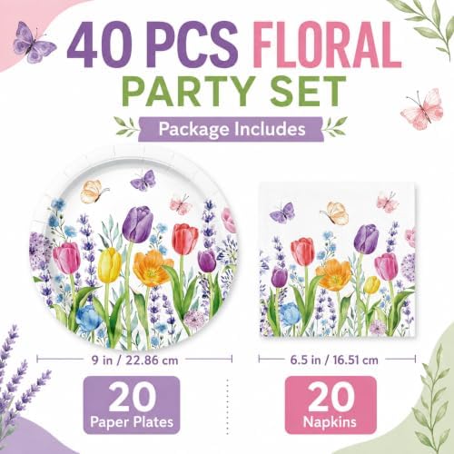 40Pcs Floral Plates and Napkins Party Supplies, Disposable Tulips Plates Napkins Tableware Set for Picnic Wedding Baby Shower Bridal Shower Birthday Tea Party Decorations (Tulip) - Image 2