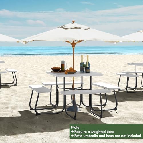 Moccha Picnic Table Bench Set - Outdoor Table and Chairs with Umbrella Hole, HDPE Tabletop & Metal Frame, 500LBS Capacity, Outdoor Camping Table for Garden Backyard Porch Patio Table Set (White) - Image 7