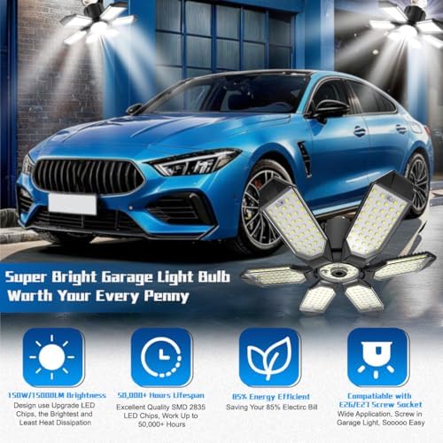Garage Light Bulbs - Garage Lights Led Screw into Bulb Socket with 6 Deformable Panels 6500K Basement Light Fixture E26 Base Led Shop Lights for Basement Workshop Warehouse Attic - 4Pack - Image 2