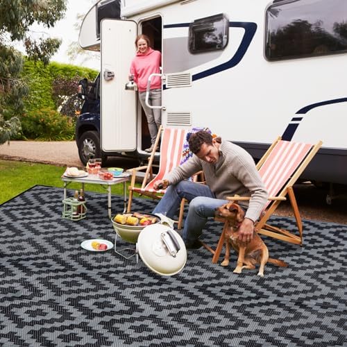 SAND MINE Waterproof Outdoor Rug, Plastic Reversible Rug, Modern Area Rug, Large Floor Mat for Outdoors, RV, Patio, Backyard, Deck, Picnic, Beach, Camping (8' x 8', Black Grey Lattice) - Image 6