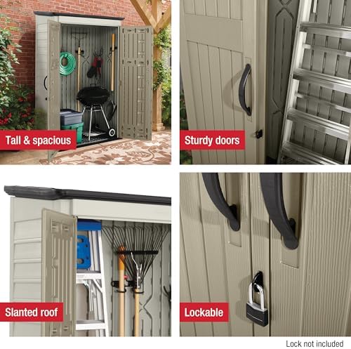 Rubbermaid Vertical Resin Outdoor Storage Shed With Floor (4 x 2.5 Ft) Weather Resistant Beige/Brown Organization for Home/Backyard/Pool Chemicals/Toys/Garden Tools/Porch/Patio Cushions - Image 6