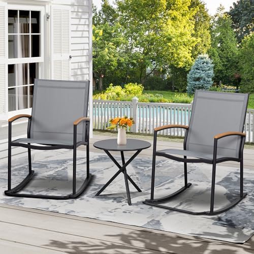 Shintenchi 3 Piece Outdoor Rocking Bistro Set, Textilene Fabric Small Patio Furniture Set, Front Porch Rocker Chairs Conversation Set with Table for Lawn, Garden, Balcony, Poolside (Light Gray) - Image 2
