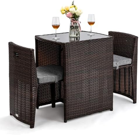Bonnlo 3 PCS Wicker Outdoor Patio Bistro Set, Patio Furniture Set for Small Space with Glass Top Table Dining Chairs, Balcony Furniture Patio Table and Chairs Set of 2 for Garden Yard Porch (Brown) by Bonnlo