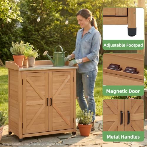 Potting Bench with Storage Cabinet and Metal Table Top for Outdoor Patio, Garden Furniture Wood Workstation (Light Brown, 31.5x17x39) - Image 6