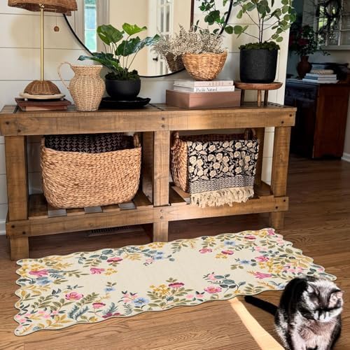 Front Door Mat Indoor Entrance - 2x4.3 Beige Colorful Floral Washable Layered Doormat Outdoor Entrance Porch Rug Non-Slip Boho Runner Rug for Kitchen Hallway Bedroom Laundry Room Porch Decor - Image 7