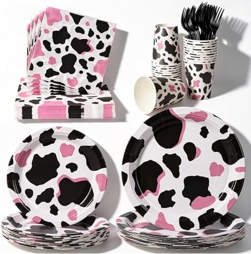 144 Pcs Cow Print Tableware Set for 24 Guests, Heavy-Duty 7" & 9" Paper Plates, Cups, 2-Ply 13" Napkins & Plastic Forks, Disposable Party Supplies for Cow Birthday, Farm and Western Party by COSINIA
