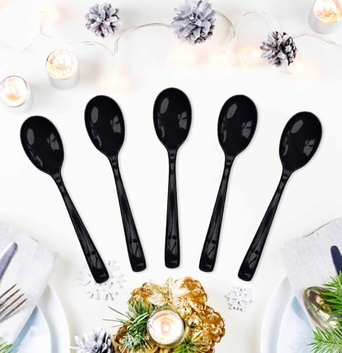 SietDESEO 25 PCS Black Plastic Spoons Disposable Utensils Heavy Duty Black Spoons Disposable Cutlery for Birthday Wedding Baby Shower Bridal Shower Plastic Silverware - Image 2