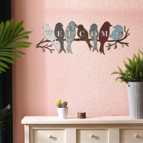 Peryiter Birds on Branch Welcome Sign Metal Wall Decor,Vintage Colors - Image 4