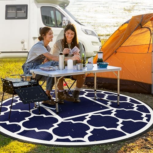 GENIMO Outdoor Rug, Waterproof Plastic Rugs for Patio, 8' Round Blue White - Image 3