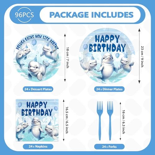 96Pcs Beluga Whale Ocean Birthday Party Decorations, Serves 24 - Image 5