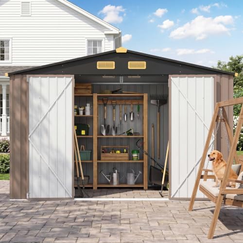 IRONCK Storage Shed, 9.7 x 7.7 FT Tool Shed with Lockable Doors, Brown - Image 2