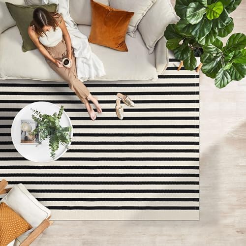 IOHOUZE 4x6 Striped Outdoor Rug, Washable Front Porch, Black Beige - Image 3