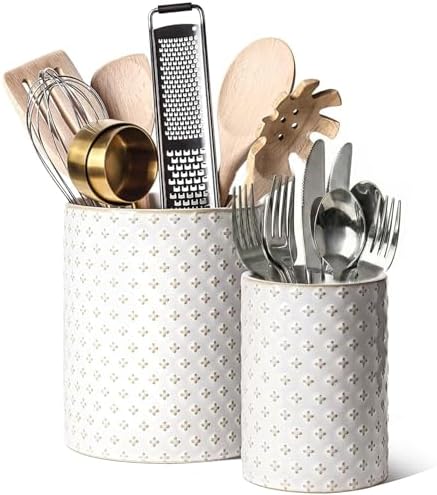 LE TAUCI Kitchen Utensil Holder for Countertop - 7.1"+5.4" Ceramic Utensil Crock Set of 2, Large Cooking Utensil Organizer for Spatula, Spoon, Whisk - Farmhouse Storage, Embossed, Clover by LETAUCI