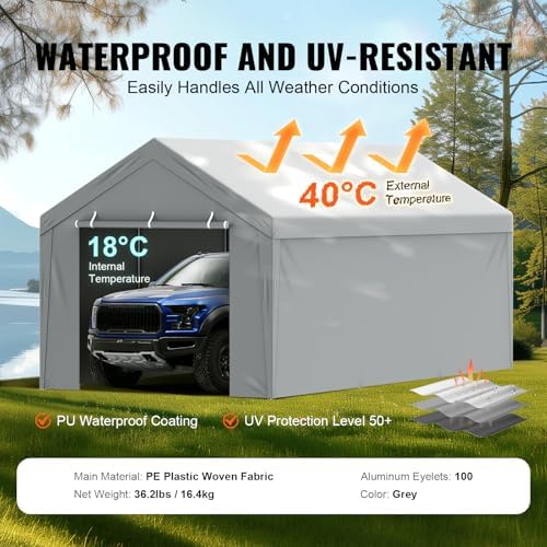 VEVOR Carport Replacement Canopy Cover Top + Side Wall 13 x 20 ft, Garage Tent Shelter Tarp Heavy-Duty Waterproof & UV Protected, Easy Installation with Ball Bungees,Grey (Frame Not Included) - Image 3