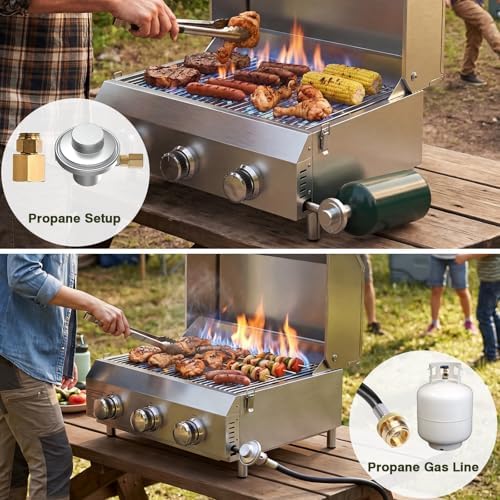 Bestfire 3-Burner Tabletop Gas Grill, Dual Connections, 30,000 BTU Portable Propane Grill, Knobs&Stainless Steel Grates, Compact & Detachable Legs for Camping, RV, BBQ - Image 2
