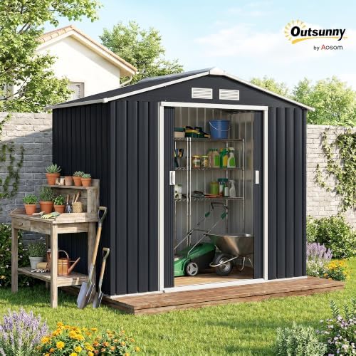 Outsunny 7' x 4' Outdoor Storage Shed Garden Tool Metal Shed Dark Gray - Image 2