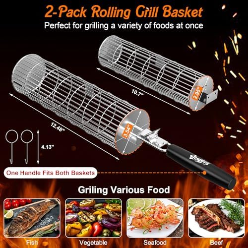 Rolling Grill Baskets for Outdoor Grill, Removable Wooden Handle, 2PCS - Image 2