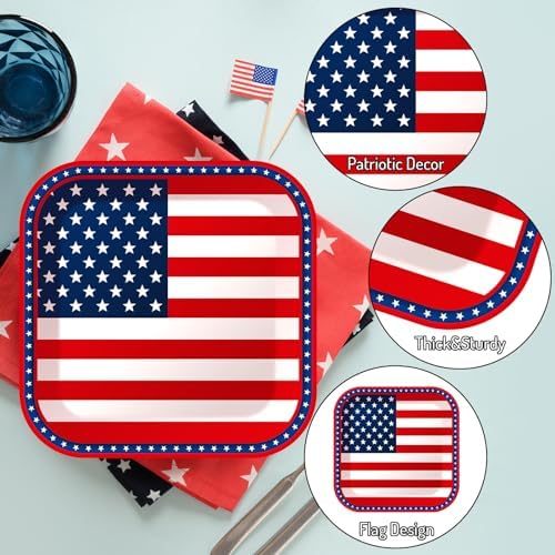 Whaline 40 Pcs 9 Inch Patriotic Paper Plates American Flag Square Disposable Plates 4th of July Party Tableware Dinnerware for 250th Anniversary Independence Day Birthday Party Supplies Table Decor - Image 3