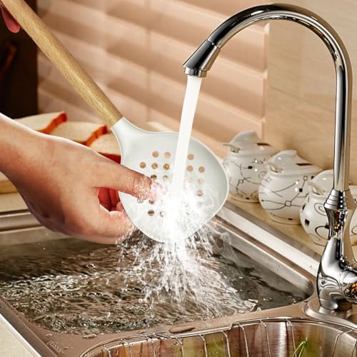 oannao Silicone Cooking Utensils Set - 446°F Heat Resistant Silicone Kitchen Utensils for Cooking,Kitchen Utensil Spatula Set w Wooden Handles for Non-Stick Cookware, BPA FREE (Cream White) - Image 7
