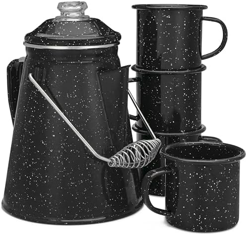 COLETTI Classic Enamel Set Coffee Percolator & Mugs — The Most Nostalgic Camping Coffee Pot, Now Modernized [Black Enamel, 12 Cup Percolator Coffee Pot & Set of 4 Mugs] by COLETTI