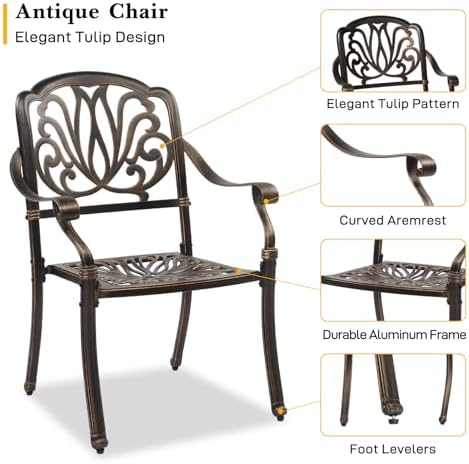 VINGLI 5 Pieces Outdoor Patio Dining Set, Cast Aluminium Patio Furniture Set with 4 Chairs and 1 Umbrella Table for Yard, Garden, Porch and Poolside, Bronze - Image 7